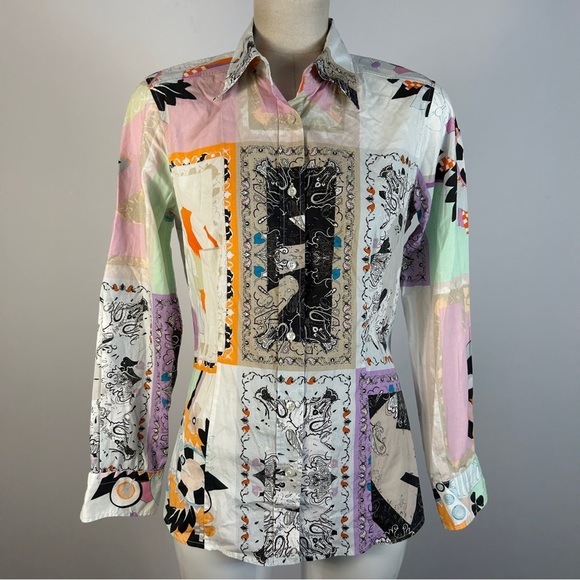 ❤️ Etro Multicolor Patch Work Graphic Button Down Shirt 44 - Picture 1 of 9